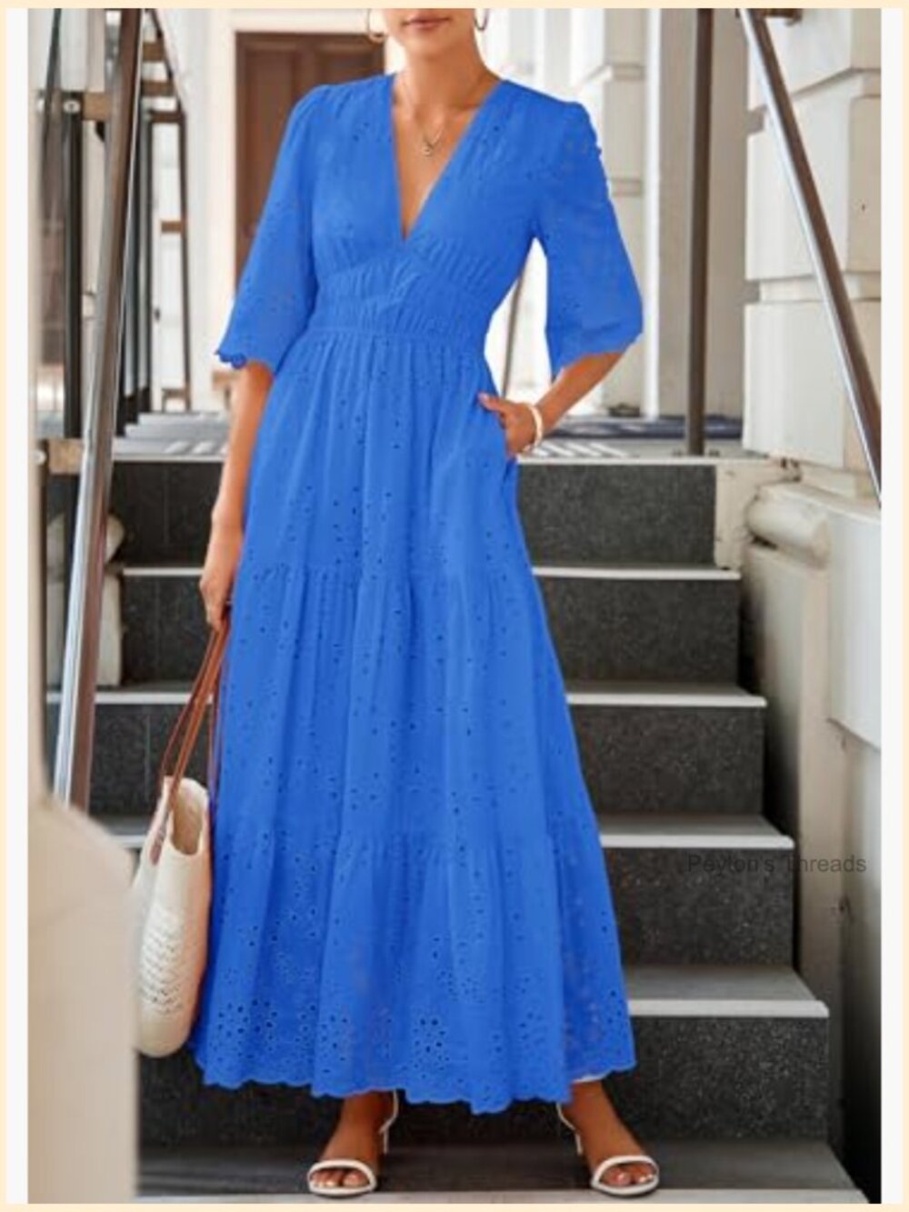 Long Sleeve Maxi Dress V Neck Hollow Out Eyelet Ruffle Swing A-Line Fall Boho - Picture 5 of 7